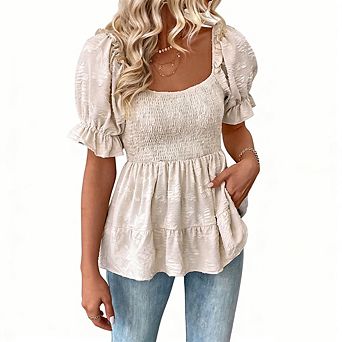 Women's Square Neck Puff Short Sleeve Smocked Top Tiered Ruffle Hem Casual Elegant Party Blouse