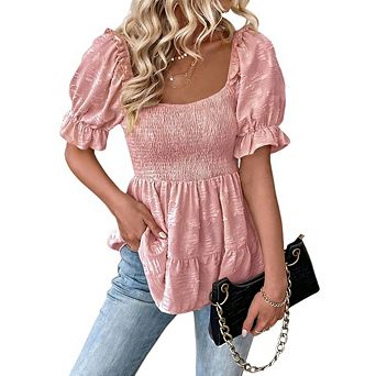 Women's Square Neck Puff Short Sleeve Smocked Top Tiered Ruffle Hem Casual Elegant Party Blouse