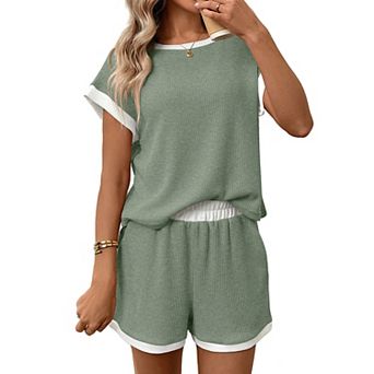 Women's Summer 2 pc Outfits Short Sleeve Round Neck Top and Shorts Casual Loungewear Set