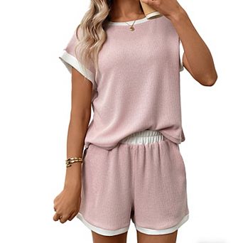 Women's Summer 2 pc Outfits Short Sleeve Round Neck Top and Shorts Casual Loungewear Set