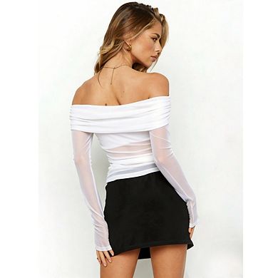 Women's Off The Shoulder Long Sleeve Tops Sheer Mesh Ruched Outfits
