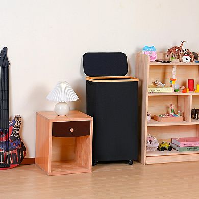 Slim Laundry Basket with Wheels Narrow Hamper Lid Bamboo Handles Collapsible Waterproof Tall Cloth