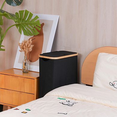 Slim Laundry Basket with Wheels Narrow Hamper Lid Bamboo Handles Collapsible Waterproof Tall Cloth