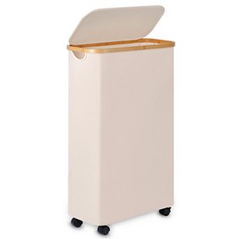 Slim Laundry Basket with Wheels Narrow Hamper Lid Bamboo Handles Collapsible Waterproof Tall Cloth