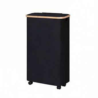 Slim Laundry Basket with Wheels Narrow Hamper Lid Bamboo Handles Collapsible Waterproof Tall Cloth