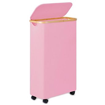 Slim Laundry Basket with Wheels Narrow Hamper Lid Bamboo Handles Collapsible Waterproof Tall Cloth