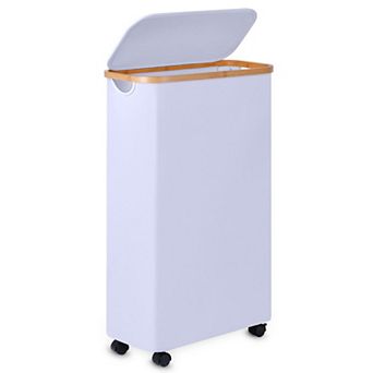 Slim Laundry Basket with Wheels Narrow Hamper Lid Bamboo Handles Collapsible Waterproof Tall Cloth