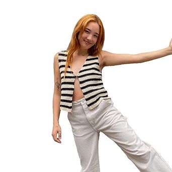 Women Striped Crochet Crop Top Sleeveless Open Front Knit Vest
