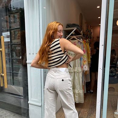 Women Striped Crochet Crop Top Sleeveless Open Front Knit Vest