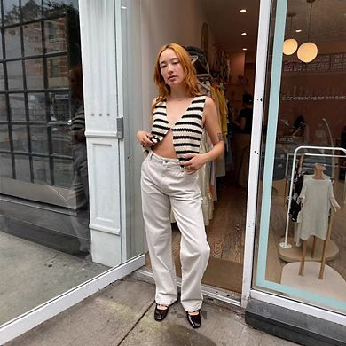 Women Striped Crochet Crop Top Sleeveless Open Front Knit Vest