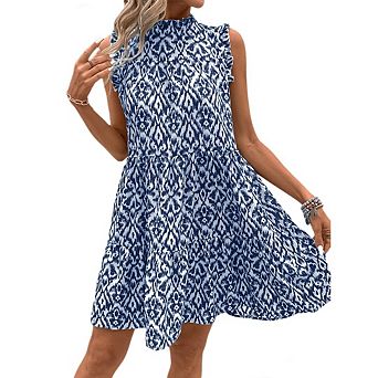 Women's Casual Summer Ruffle Sleeveless Dress Loose Flowy Round Neck Pleated Babydoll Midi Dress