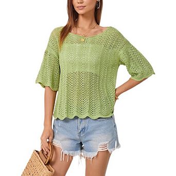 Women's Open Knit Crochet Top Flare Short Sleeve Hollow Out Casual Knit Blouse