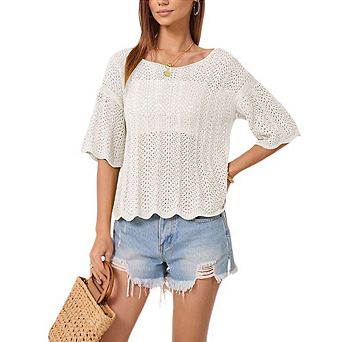 Women's Open Knit Crochet Top Flare Short Sleeve Hollow Out Casual Knit Blouse