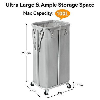 Rolling Laundry Hamper Wheels Large Basket Organizer Cart Steel Frame Removable Bag Foldable Tall