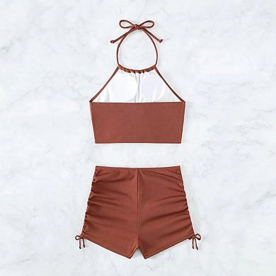 Women's Halter Bikini Set Tie Top High Waisted Shorts Ribbed Ruched Bathing Suit Two Piece Swimsuit