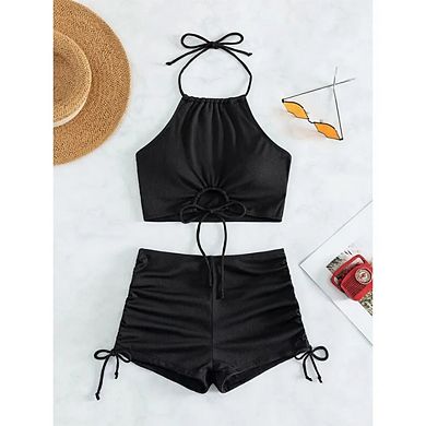 Women's Halter Bikini Set Tie Top High Waisted Shorts Ribbed Ruched Bathing Suit Two Piece Swimsuit
