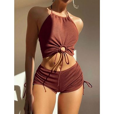 Women's Halter Bikini Set Tie Top High Waisted Shorts Ribbed Ruched Bathing Suit Two Piece Swimsuit