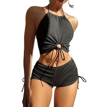 Women's Halter Bikini Set Tie Top High Waisted Shorts Ribbed Ruched Bathing Suit Two Piece Swimsuit