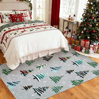 Festive Christmas Tree Area Rug, Soft Washable Non-Slip Floor Mat Holiday Decor, Easy Storage