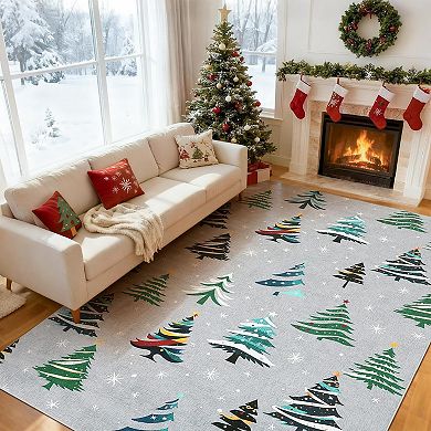 Festive Christmas Tree Area Rug, Soft Washable Non-Slip Floor Mat Holiday Decor, Easy Storage