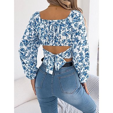 Women's Square Neck Floral Crop Top, Puff Long Sleeve Boho Blouse