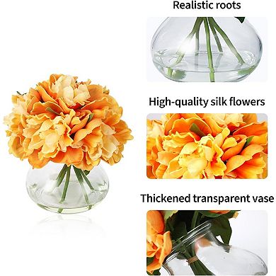 PU & Silk Artificial Peonies in Glass Vase with Faux Water for Home Decor