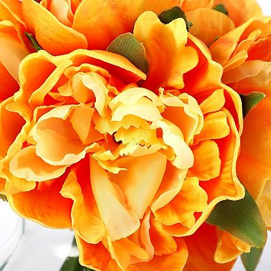 PU & Silk Artificial Peonies in Glass Vase with Faux Water for Home Decor