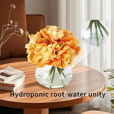 PU & Silk Artificial Peonies in Glass Vase with Faux Water for Home Decor
