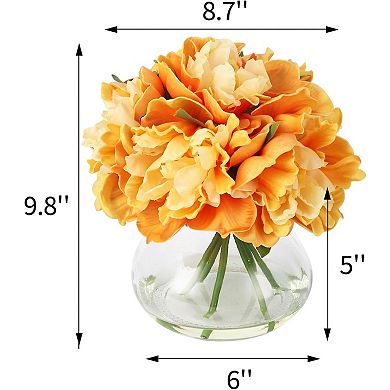 PU & Silk Artificial Peonies in Glass Vase with Faux Water for Home Decor