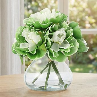 PU & Silk Artificial Peonies in Glass Vase with Faux Water for Home Decor