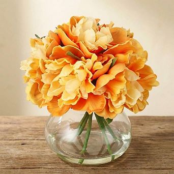 PU & Silk Artificial Peonies in Glass Vase with Faux Water for Home Decor