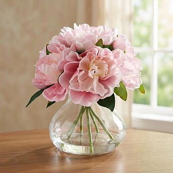 PU & Silk Artificial Peonies in Glass Vase with Faux Water for Home Decor