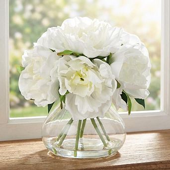 PU & Silk Artificial Peonies in Glass Vase with Faux Water for Home Decor