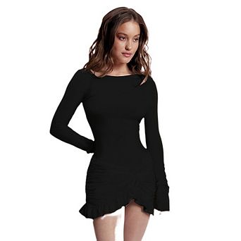 Women's Round Neck Long Sleeve Slim Fit Dress with Hip Hugging Pleated Short Skirt, Solid Color