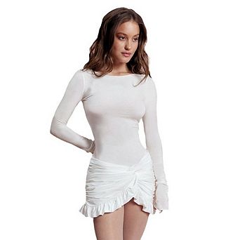 Women's Round Neck Long Sleeve Slim Fit Dress with Hip Hugging Pleated Short Skirt, Solid Color