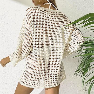 Women's Summer Knit Hollow Out Pullover Cover Up Round Neck Long Sleeve Bikini Crochet Swimwear