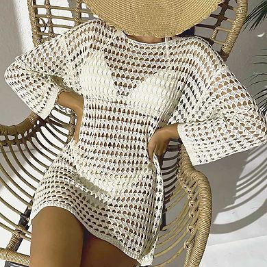 Women's Summer Knit Hollow Out Pullover Cover Up Round Neck Long Sleeve Bikini Crochet Swimwear