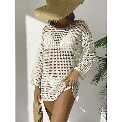 Women's Summer Knit Hollow Out Pullover Cover Up Round Neck Long Sleeve Bikini Crochet Swimwear