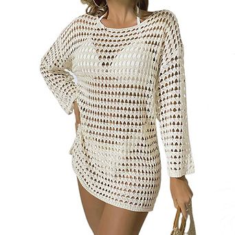 Women's Summer Knit Hollow Out Pullover Cover Up Round Neck Long Sleeve Bikini Crochet Swimwear