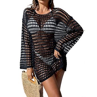 Women's Summer Knit Hollow Out Pullover Cover Up Round Neck Long Sleeve Bikini Crochet Swimwear