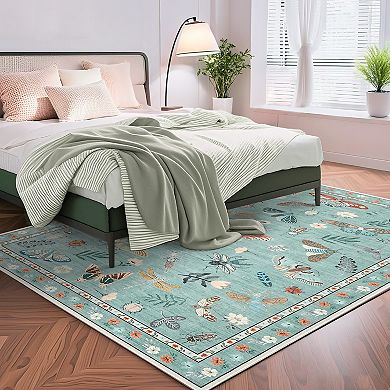 Washable Floral Kitchen Runner, Non-Slip Butterfly Rug for Hallway, Bedroom Decor, Easy-Clean Carpet