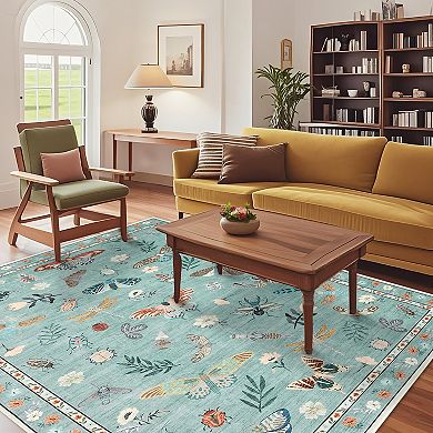 Washable Floral Kitchen Runner, Non-Slip Butterfly Rug for Hallway, Bedroom Decor, Easy-Clean Carpet