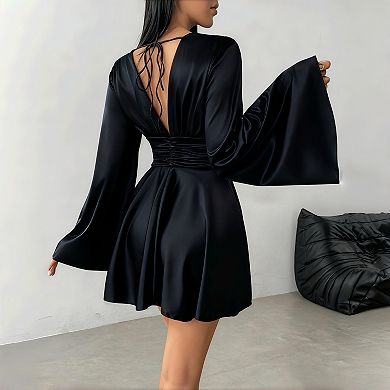 Women's Long Sleeve V-Neck Satin Midi Dress - Elegant Solid Color Party Gown