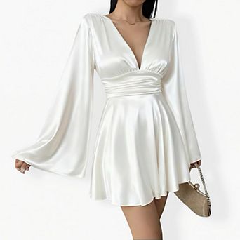 Women's Long Sleeve V-Neck Satin Midi Dress - Elegant Solid Color Party Gown