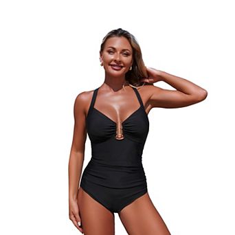 Women's V Neck One Piece Halter Swimsuits Summer Bathing Suits Halter Solid Fashion Beach Swimwear