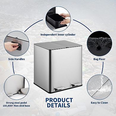 2x4 Gallon Garbage Can, Stainless Steel Step Trash Can with 2 Compartments, Plastic Inner Buckets