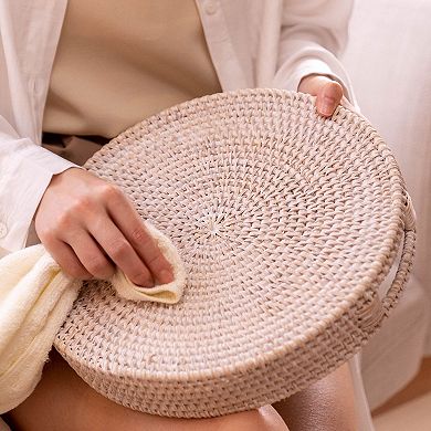 11.8" Rattan Round Serving Tray Hand Woven Basket with Handles