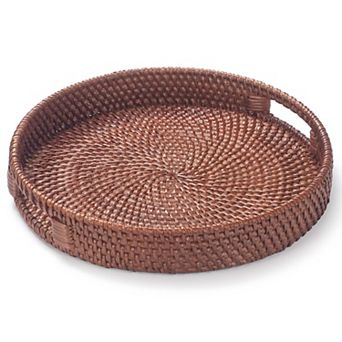 11.8" Rattan Round Serving Tray Hand Woven Basket with Handles