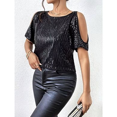 Women's Sparkly Tops Short Sleeve Round Neck Cold Shoulder Solid Color Tee Shirt