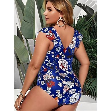 Women's Plus Size Floral One Piece Swimsuit Deep V Neck Ruffle Sleeve Tummy Control Bathing Suit